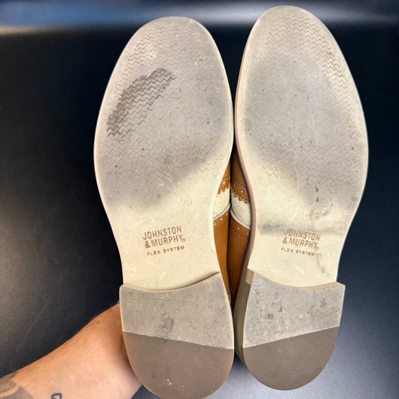 Johnston‎ & Murphy Mens Wingtip Oxford Dress Shoes Leather Beige Tan 8.5M - Picture 7 of 8